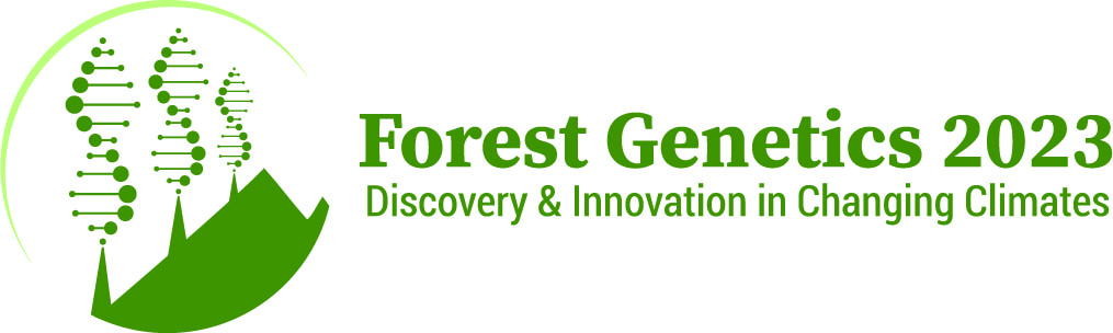 Logo for the Forest Genetics 2023 conference showing stylized DNA helixes as trees on a mountainside.