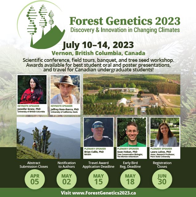 A graphical poster for the 2023 forest genetics conference in Vernon BC, showing keynote speakers and key dates.